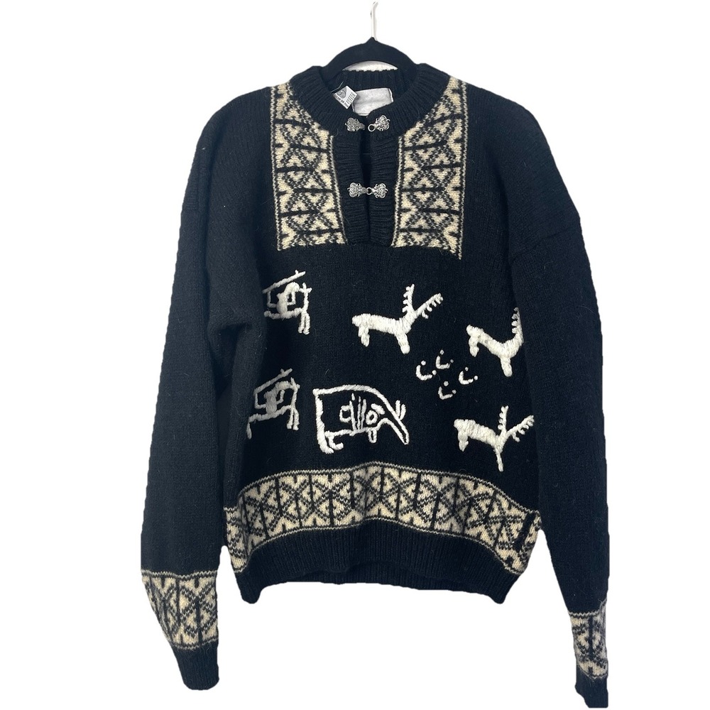 Vintage‎ Wool Nordic Black Sweater Pewter Clasps Reindeer Pattern Unisex Knit